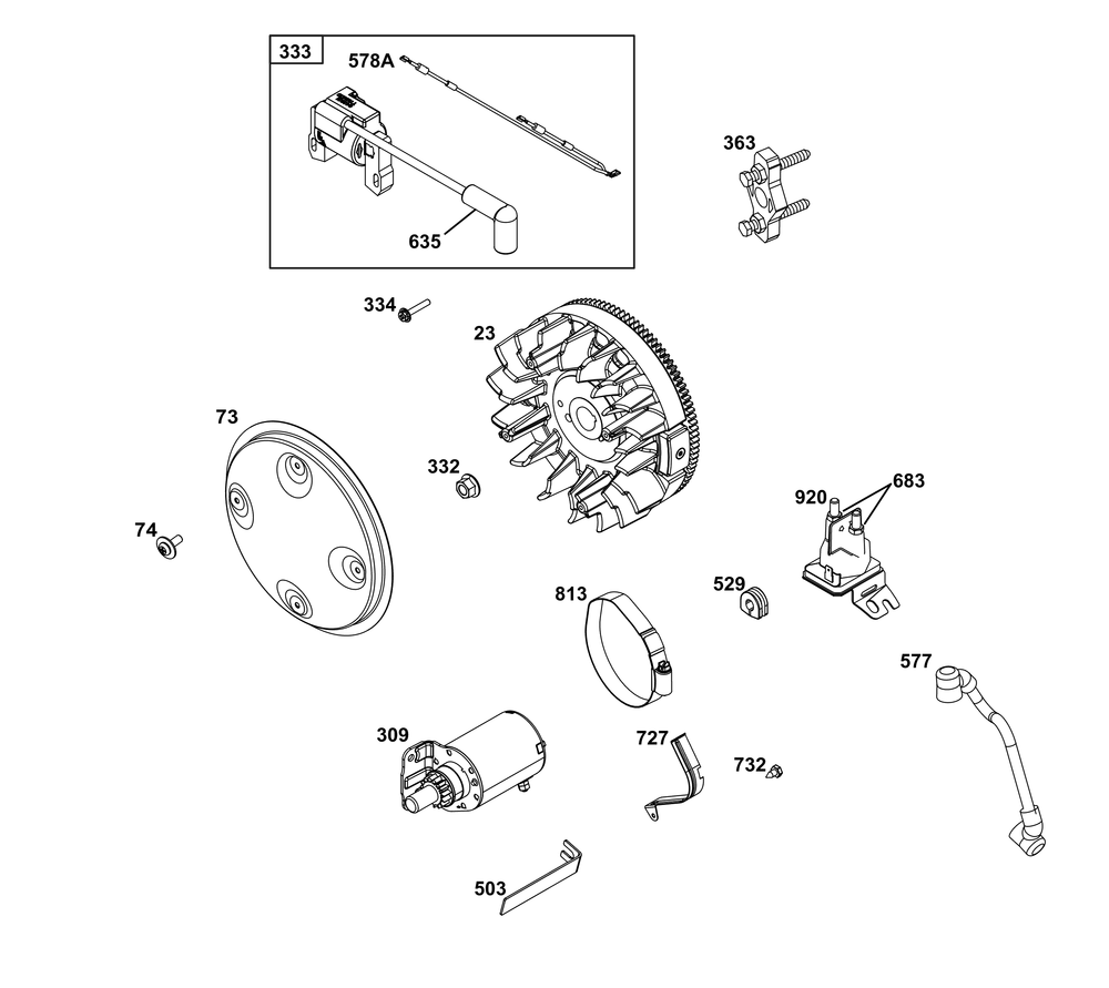 Flywheel, Ignition, And Starter Group Diagram and Parts List for 305447-0338-F1 200000 - 399999 Briggs and Stratton Engine